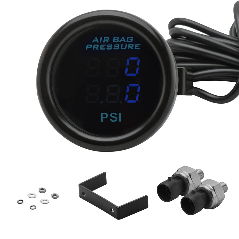 Dual Display Air Suspension Gauge Air Ride Air Pressure Gauge 2Inch 0-220PSI with 2Pcs 1/8NPT Sensors and 16.5ft Sensor Cable LCD Blue