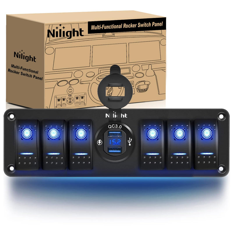 Nilight 6 Gang Rocker Switch 12V SPST ON Off Switch QC 3.0 USB Charger Voltmeter Waterproof Aluminum Rocker Switch Panel Night Glow Stickers for Boats Cars RVs Trucks, 2 Years Warranty,Blue Dual USB 6Gang Switch Blue