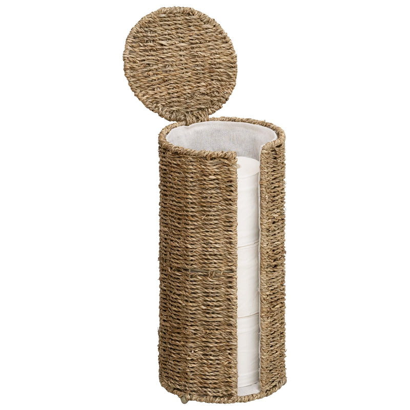 StorageWorks Seagrass Free Standing Toilet Paper Holder Stand for Bathroom, 3 Rolls of Toilet Tissue Storage with a Built-in Cloth Lining, Toilet Roll Holder Stand with Lid Natural（seagrass） 6¾"D(For 3 Roll)