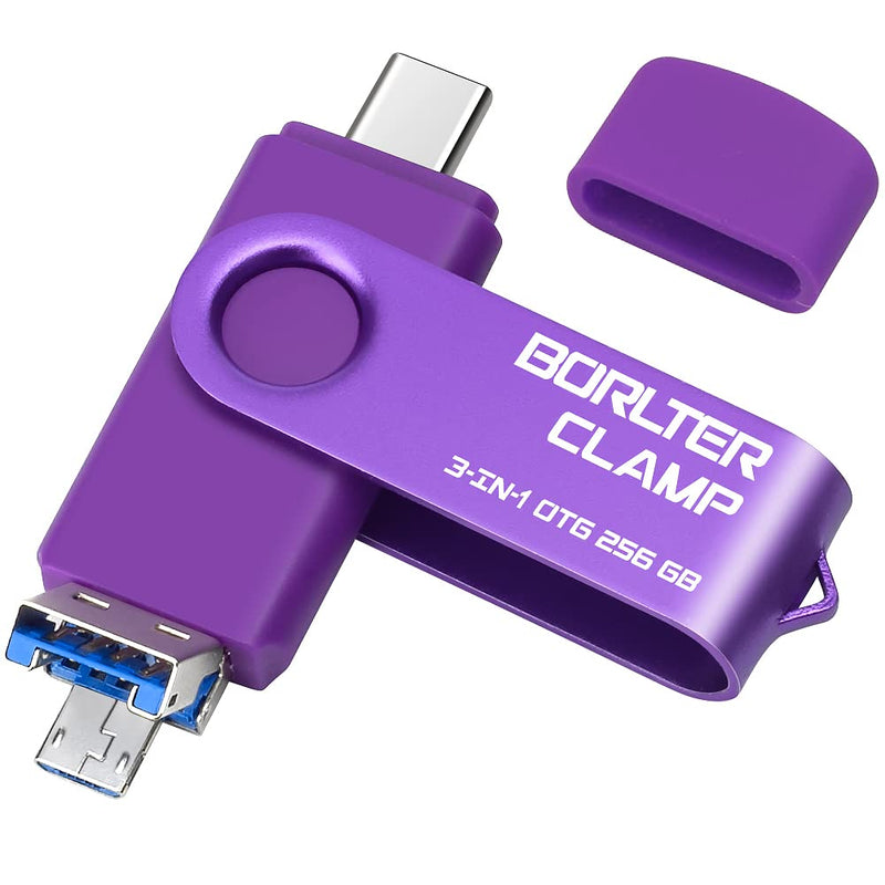 256GB 3 in 1 USB 3.0 Flash Drive Photo Stick for Android Phones, BorlterClamp OTG Memory Stick with 3 USB Ports (USB C, microUSB, USB A) for Samsung Galaxy, LG, Tablets, PC and More, Purple 256GB