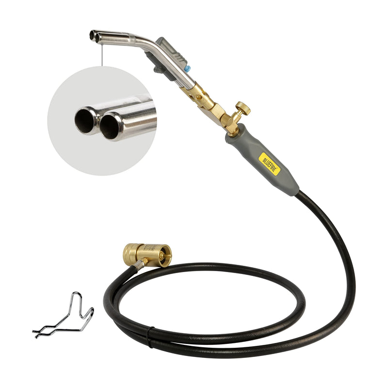 BLUEFIRE HZ-8150 Double Heads Swirl Flame Self-Ignition Hosed Turbo Torch 5' long Hose Trigger Start MAPP MAP Propane Welding Blowtorch Nozzle for brazing large diameter copper pipes, Torch Only Hosed Torch Only