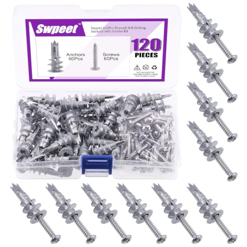Swpeet 120Pcs Heavy Duty Zinc Self Drilling Drywall Anchors with #8 x 1-1/4'' Screws Kit, No Pre Drill Hole Preparation Required - Self-Tapping Drywall Anchors for Hanging and Mounting Zinc Self-Drilling Drywall Anchors with Screws