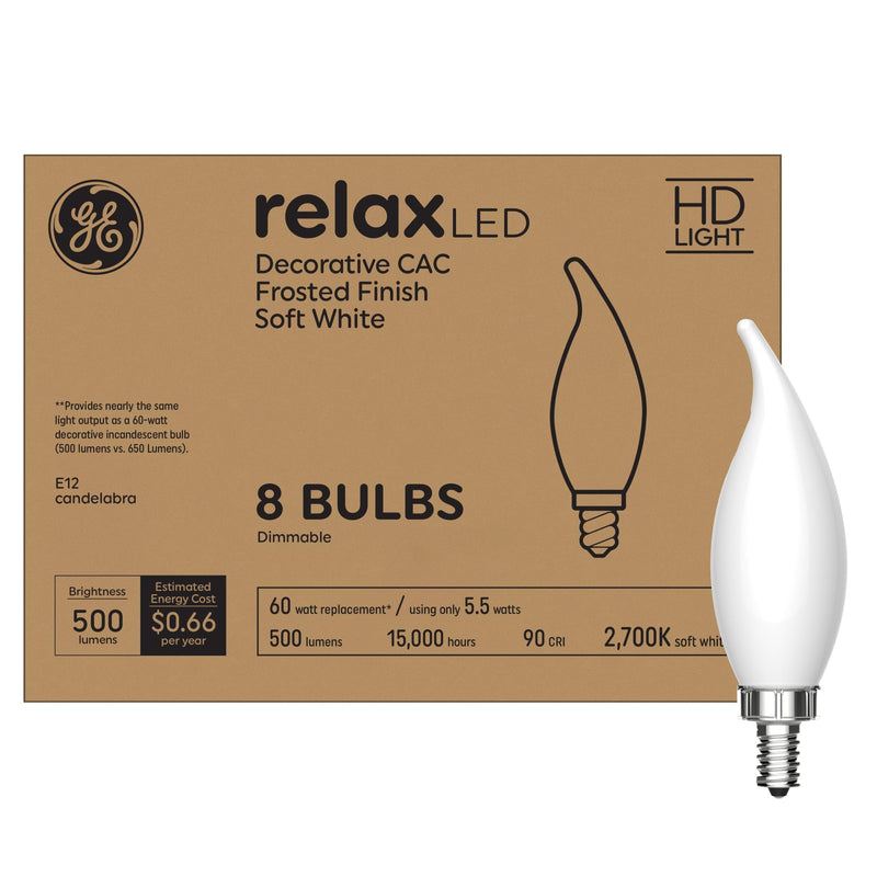 GE Relax LED Light Bulbs 60W, Soft White Candle Lights, Decorative Light Bulbs, Frosted, Small Base (8 Pack) 8 Count(Pack of 1)