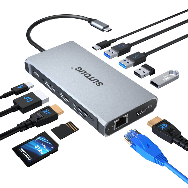 12 in 1 USB C Hub, Docking Station, Triple Displays Laptop Docking Station for MacBook Pro and Windows(2 HDMI, DP, 100W PD, SD/TF Card Reader, 3 USB 3.0 Ports), MAC OS only Support Mirror Mode
