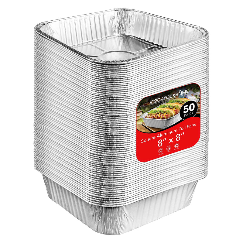Stock Your Home 8x8 Foil Pans (50 Pack) 8 Inch Square Aluminum Pans - Foil Pans - Disposable Food Containers Great for Baking Cake, Cooking, Heating, Storing, Prepping Food 50 Pack