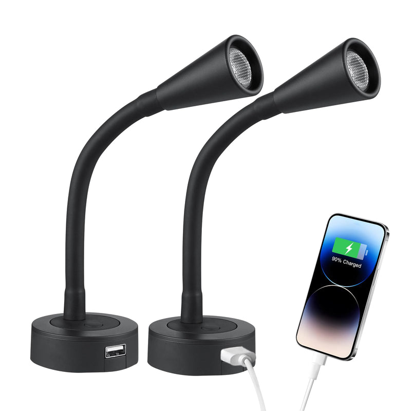 acegoo 12V LED Reading Light RV Dimmable Reading Lamp with USB Charger 12 Volt Flexible Goosneck Light for Boat Camper Van Trailer Interior Lighting, Hard-Wired Surface Mount, 2-Pack