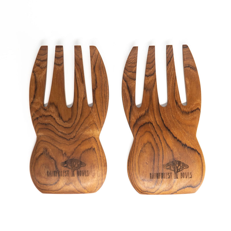 Rainforest Bowls Javanese Teak Wood Salad Serving Hands - Perfect for Mixing, Tossing & Serving Salad - Ultra-Durable- Premium Wooden Design Handcrafted by Indonesian Artisans 1
