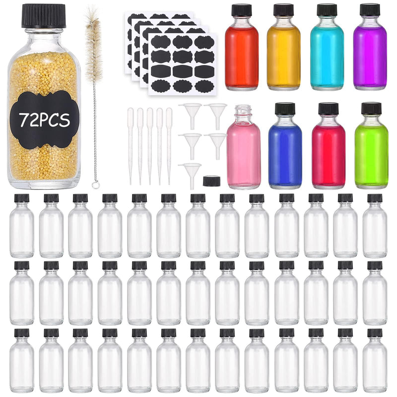 72 Pack 2oz Small Clear Glass Bottles with Lids, Boston Round Bottles | 60ml travel bottles for vanilla, hot sauce, juice, whiskey and liquids, with 72 labels, 5 funnels, 5 droppers and brush