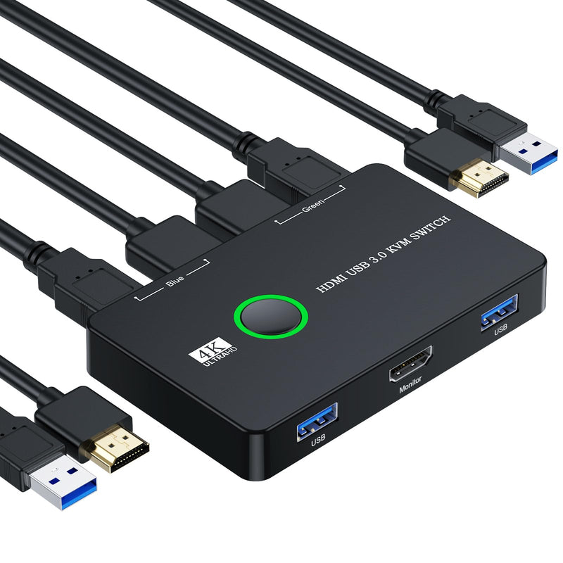 USB 3.0 Switch for Computers Shares Mouse Keyboard Printer to One HD Monitor, 4K@60 Hz USB and HDMI Switch with 2 HDMI Cables and 2 USB Cables Included