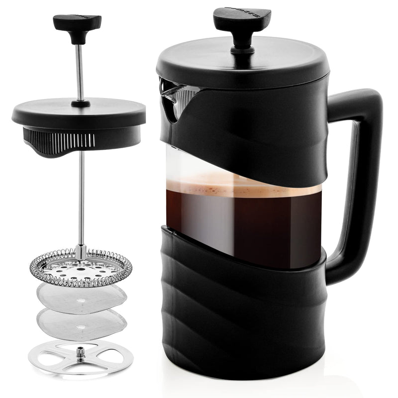 OVENTE French Press Coffee Maker 20 Ounce with Heat Resistant Borosilicate Glass & Stainless Steel 4-Level Filtration System, Portable Cold Brew Coffee Maker for Travel, Camping or Gift, Black FPW20B