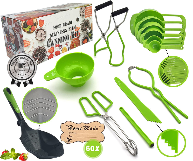 Supa Ant Canning Supplies - US Assembled Certified Food Grade Stainless Steel Canning Kit with XL Ladle, Wide Kitchen Funnel, Jar Lifter and Wrench, Bubble Popper/Measurer, Lid Lifter, Kitchen Tongs Stainless Steel with Green Coating Silver and Green