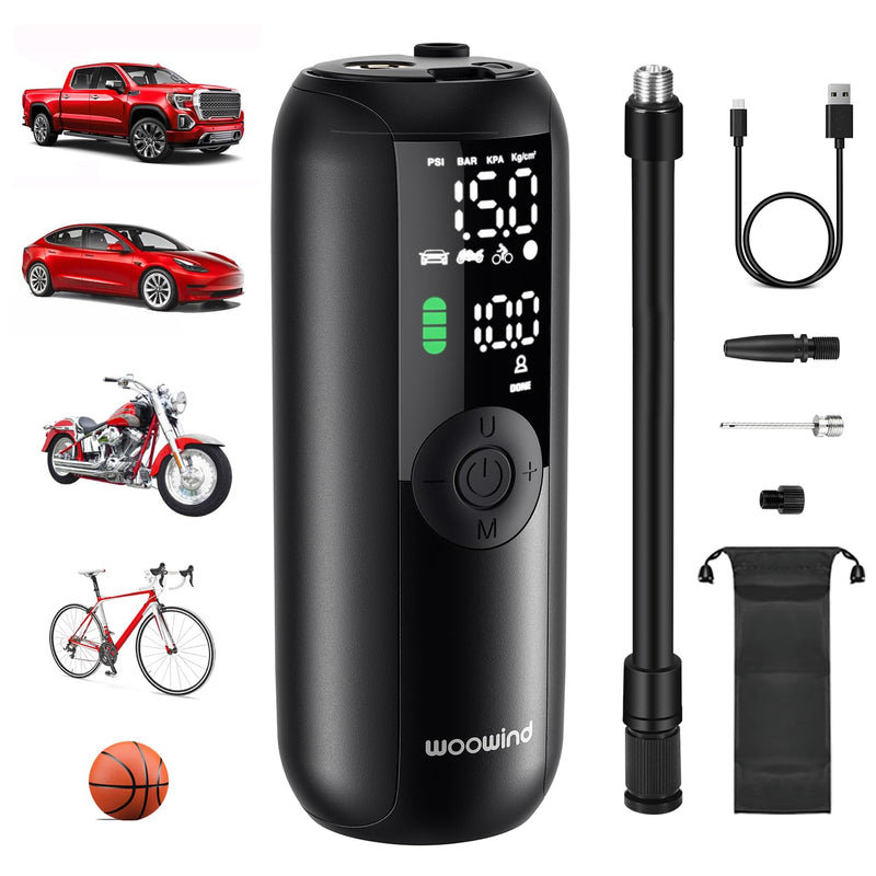 Tire Inflator Portable Air Compressor, Electric Bike Tire Pump With Gauge, Air Pump For Car Tires, 150PSI, Mobile Air Compressor for Car, Motorcycle, Electric Bike, by Woowind