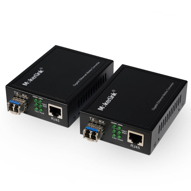 MokerLink Gigabit SFP to RJ45 Converter, A Pair 2 Pack Single-Mode Fiber to Ethernet Media Converter, 10/100/1000Mbps RJ45 Port, 1000Base-LX SFP Module 1310nm up to 20KM 2 Pack Single Mode