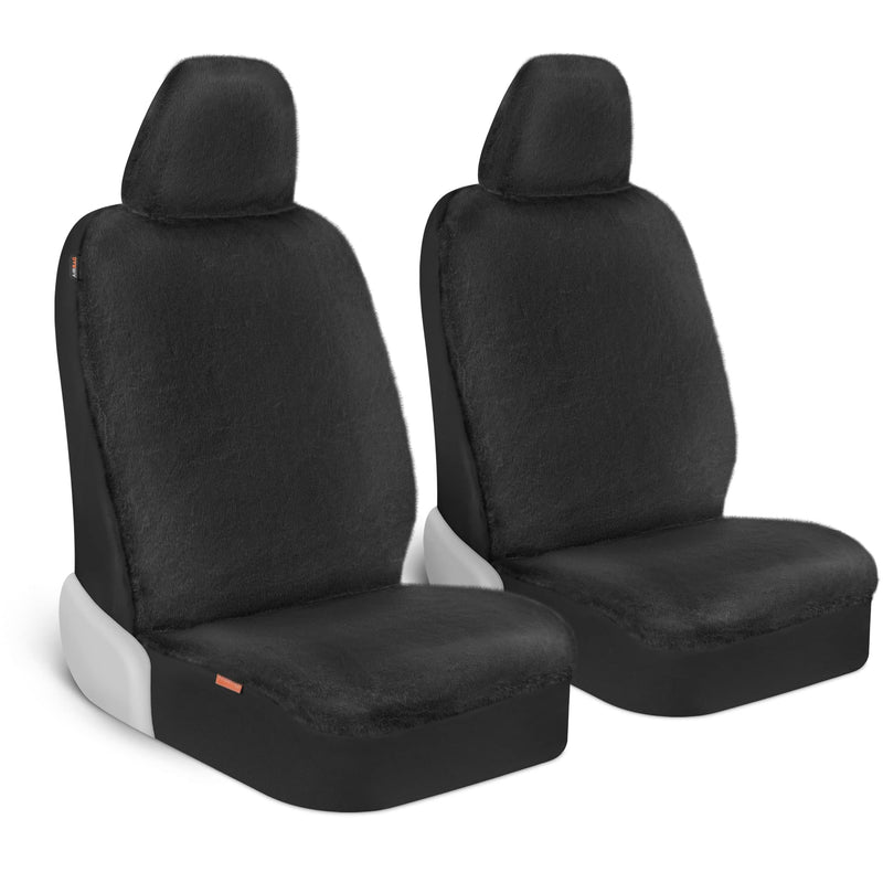 Sheepskin Car Seat Covers, 2-Pack Faux Fur, Front Seats Only, Cute Automotive Seat Covers For Cars (Black) Black Fur