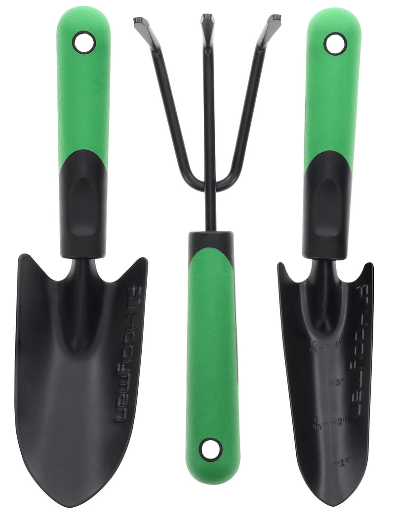 Hooyman Garden Tool Set Including Cultivator, Transplanter, and Trowel with Heavy Duty Steel Construction, No-Slip H-Grip Handles, and Blade Measurement Markings for Gardening, Weeding, and Outdoors
