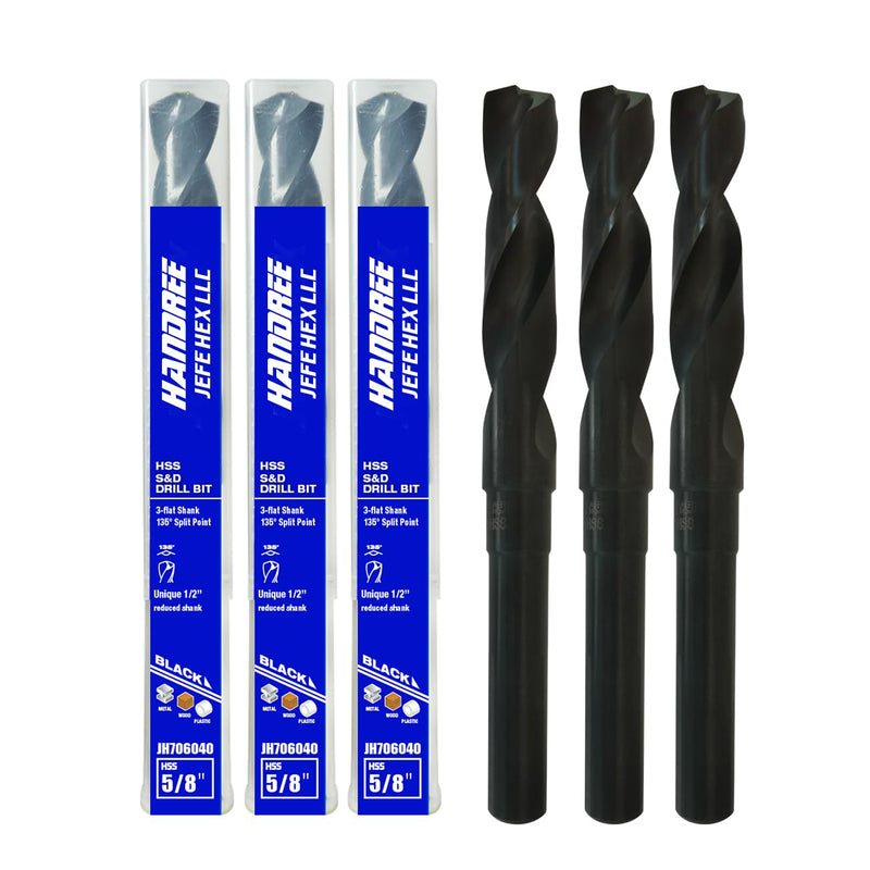Jefe Hex Reduced Shank Industrial Drill Bit, 5/8 Inch Silver and Deming Drill Bits, HSS Black Oxide Finish Drill Bits, 135-Degree Split Point, Zinc Alloy, Wood and Plastic 5/8 Inch(3 PCS)