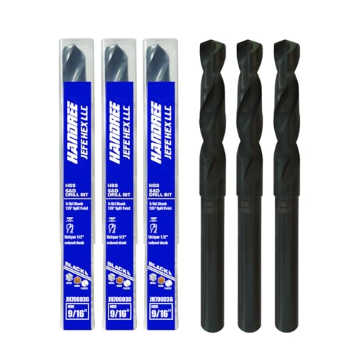 Reduced Shank Industrial Drill Bit, 9/16 Inch Silver and Deming Drill Bits, HSS Black Oxide Finish Drill Bits, 135-Degree Split Point, 1/2" Shank for Most Handle, Zinc Alloy, Wood and Plastic 9/16 Inch(3 PCS)
