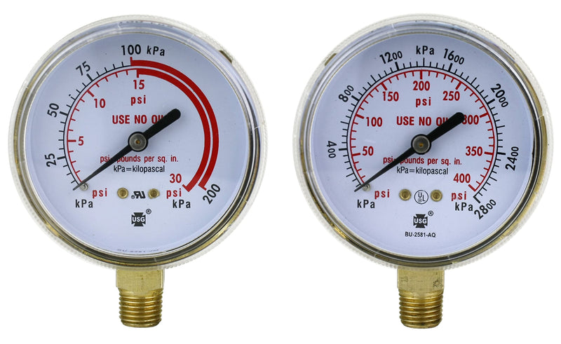 SÜA - High and Low Pressure Gauge for Heavy-Duty Acetylene/Propane Regulators 0-400 psi & 0-30 psi - 2.5 inches - Thread: 1/4" NPT High & Low