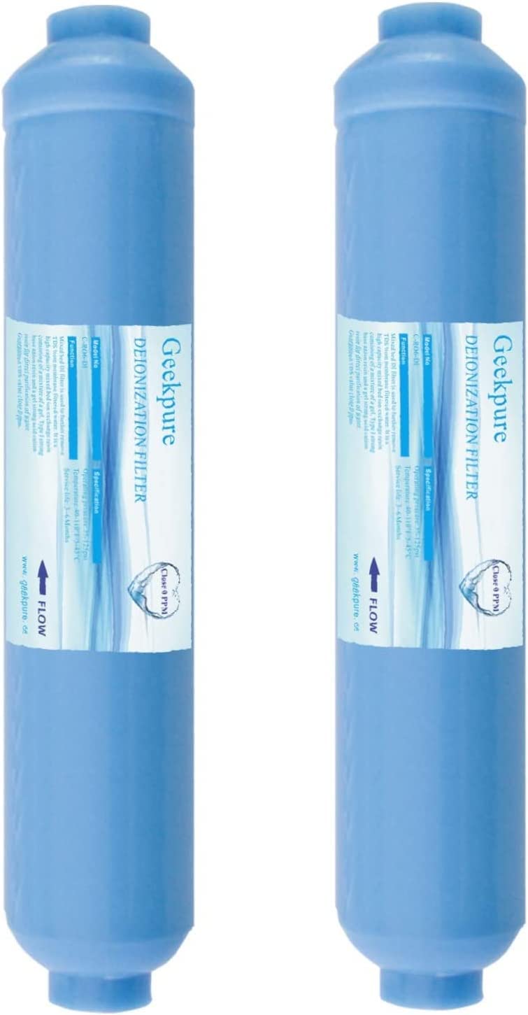 Geekpure 10 inch Inline Deionization DI Replacement Water Filter Cartridge TDS Down to 0 for RO System -1/4”-Pack of 2