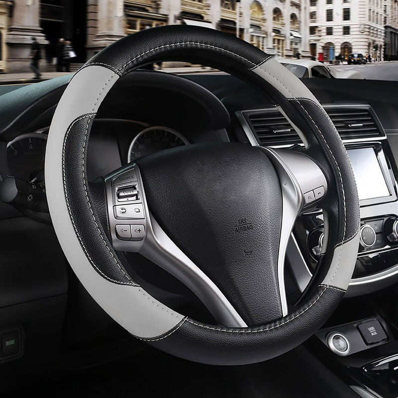 Leather Car Steering Wheel Cover, Non-Slip Car Wheel Cover Protector Breathable Microfiber Leather Universal Fit for Most Cars(Grey) Grey