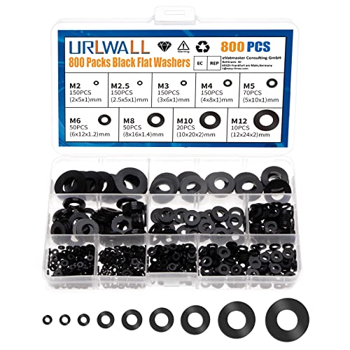 800Pcs Nylon Flat Washer Assortment Set, Washers Metric Sealing Spacer Gasket Ring Washers Set, 9 Sizes - M2, M2.5, M3, M4, M5, M6, M8, M10, M12(Black) 800black