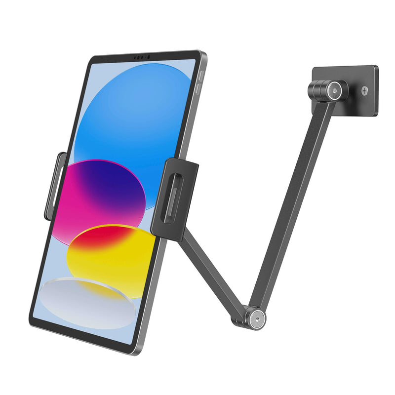 BEWISER Tablet Wall Mount Holder,360° Rotating Flexibly, Height and Angle Adjustable, Folding Aluminium Alloy Long Arm Compatible with4.7-12.9" Phone and Tablet in Kitchen or Office (Space Grey)… Black