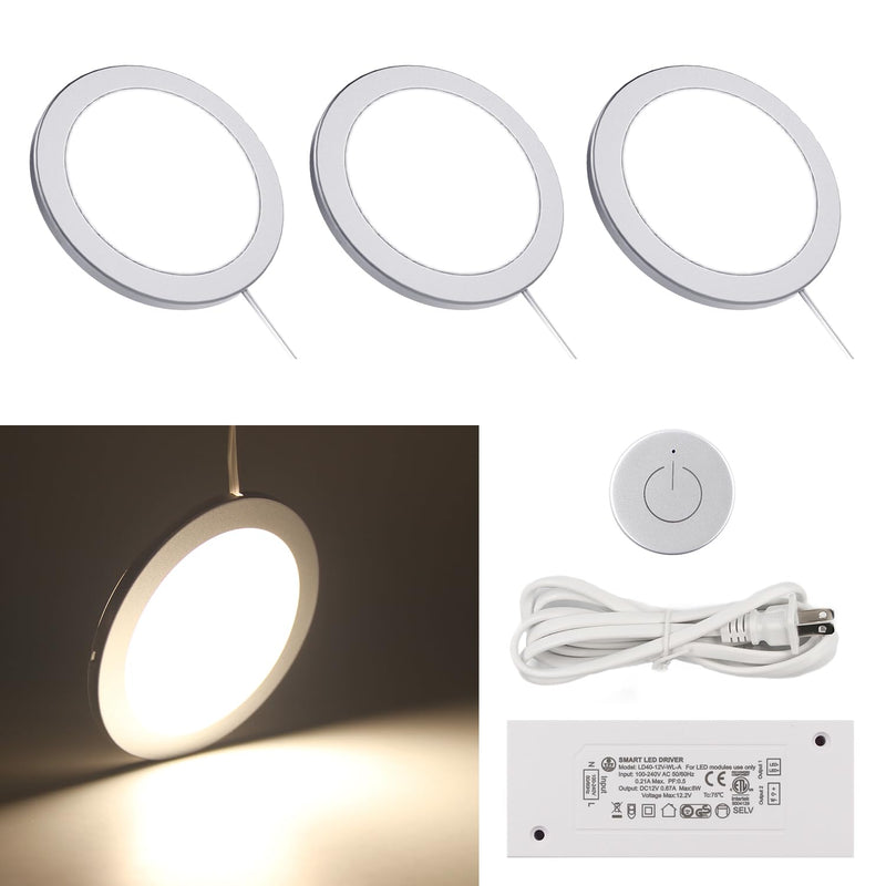VST Under Cabinet Mini Panel Lighting 3PCS 3.94inch 12V 2.5W(Total 7.5W) with Wireless Dimmer Switch, Surface Mount Puck Light for Kitchen Van Truck Car Galley Downlight (Round White4000K) Touch Wireless Switch 3 Pack Round White