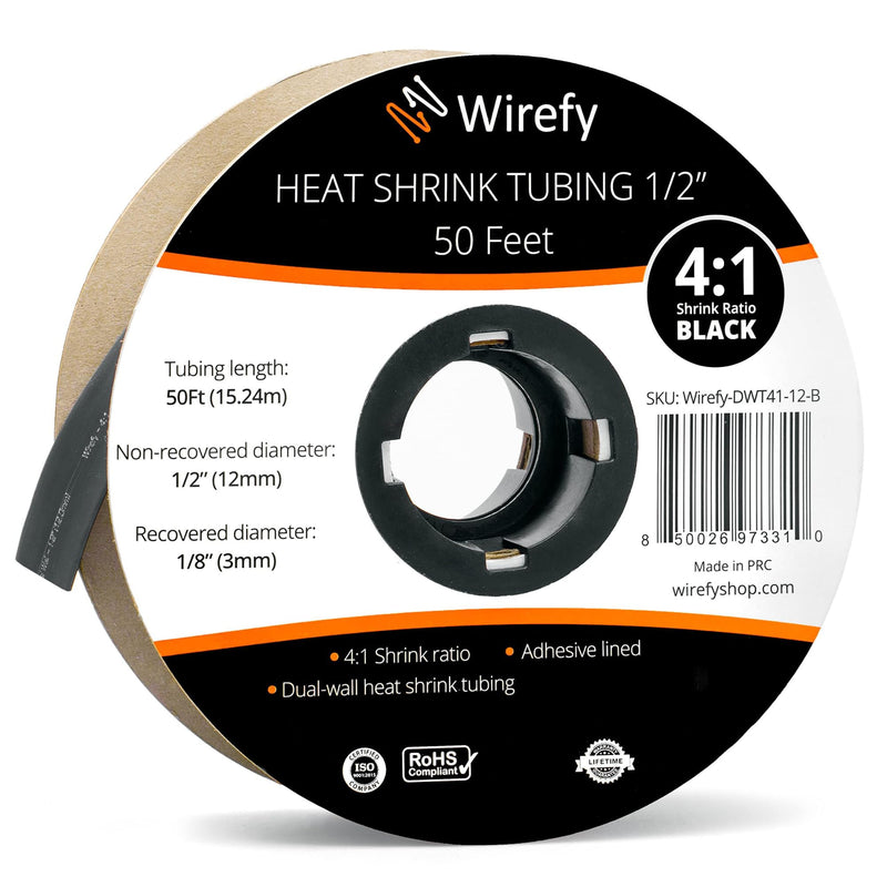 Wirefy 1/2" Heat Shrink Tubing - 4:1 Ratio - Adhesive Lined - Resistant Heat Shrink - 50 Feet Roll - Black