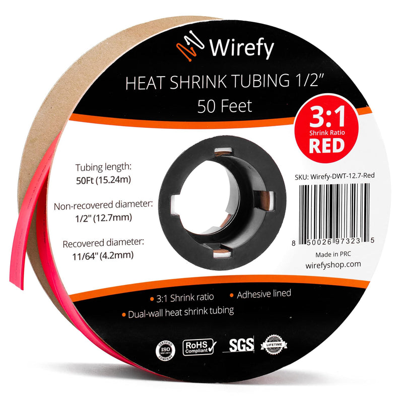Wirefy 1/2" Heat Shrink Tubing - 3:1 Ratio - Adhesive Lined - a resistant Heat Shrink - Red - 50 Feet Roll