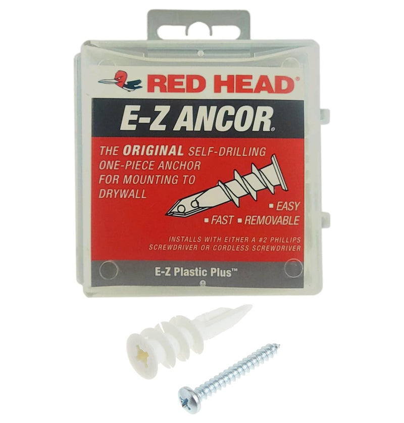 25 Qty Red Head EZ Ancor Nylon Plastic Self Drilling Drywall Anchors with Screws,Up to 75 Lbs,EZP25,White