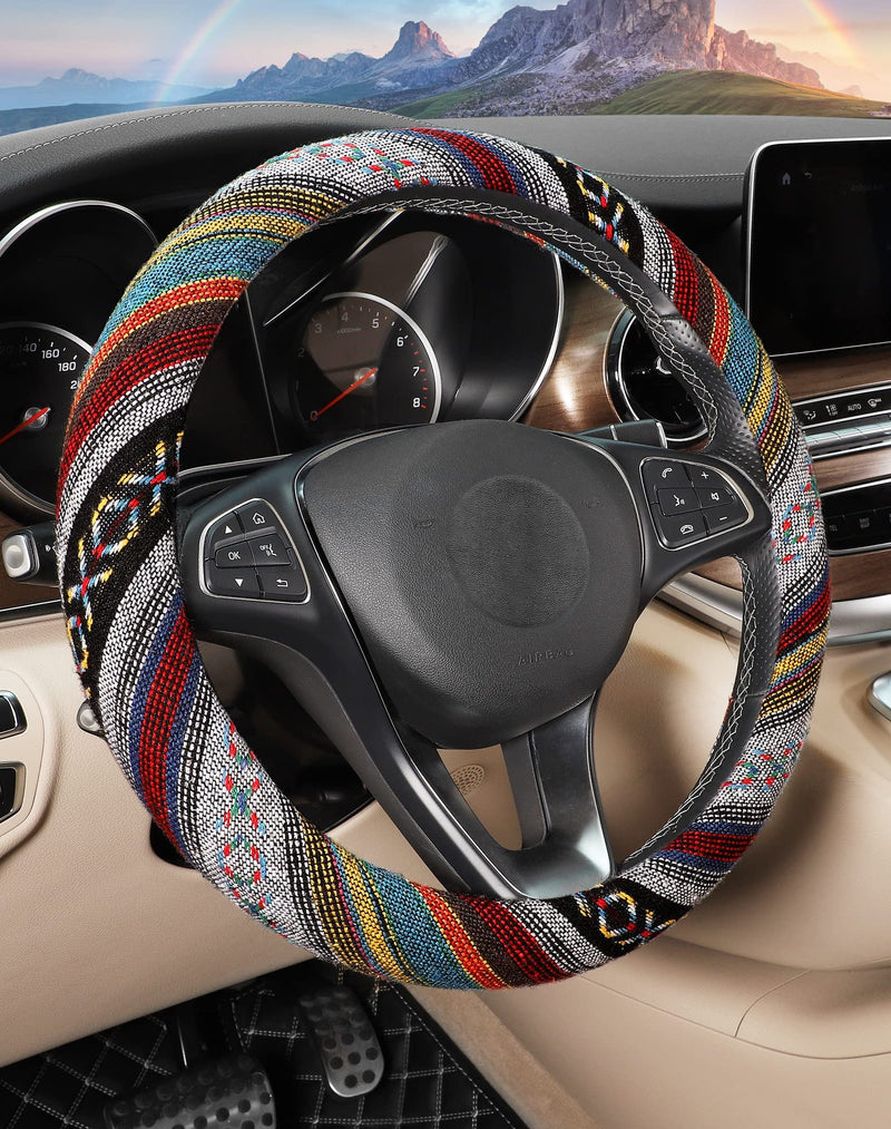 SEG Direct Boho Steering Wheel Cover with Baja Blanket Cloth, Ethnic Style Auto Wheel Cover Made of Coarse Flax, Fits 14 1/2-15 1/4 inches Car Wheel Spinning Rainbow