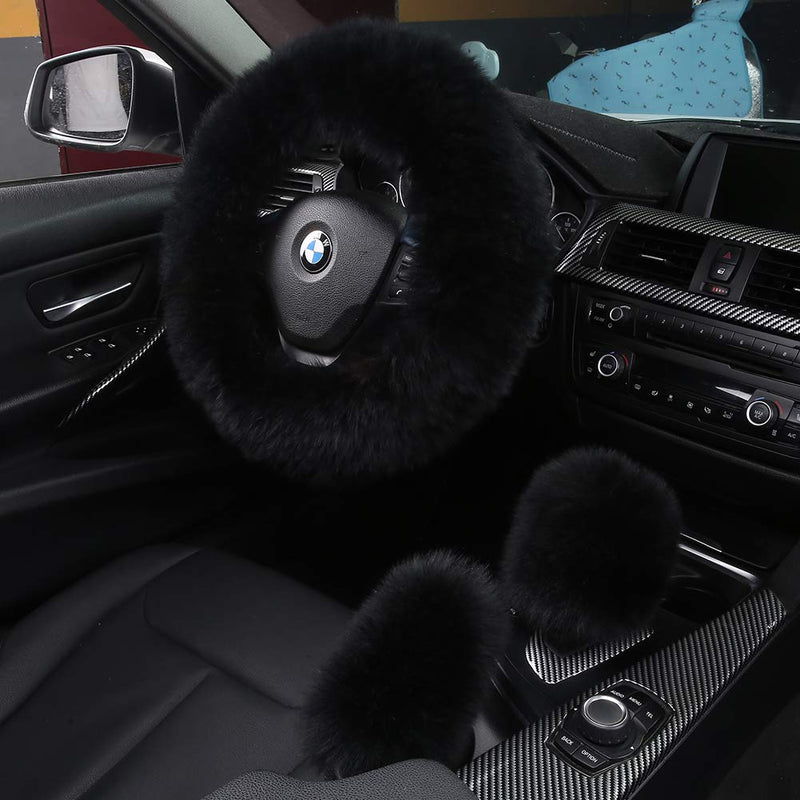 3Pcs Set Fashion Fluffy Fuzzy Wool Fur Soft Car Steering Wheel Cover with Handbrake Cover & Gear Shift Cover for Women/Girls/Ladies Auto Long Wool Accessories Black