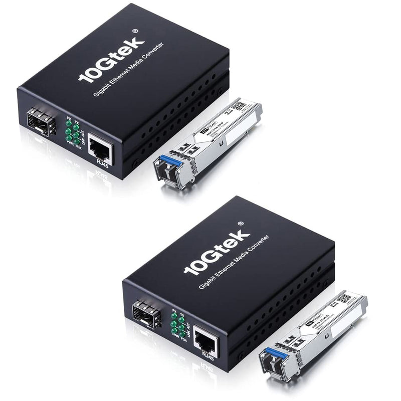 A Pair of Gigabit Single Mode LC Fiber Media Converter, with 2 Pcs SFP LX Modules, 1.25G/s Fiber to Ethernet Converter, 1000Base-LX to 10/100/1000base-TX, SFP to RJ45, SMF, 1310nm, up to 20km Single Mode: 20km 2 Packs