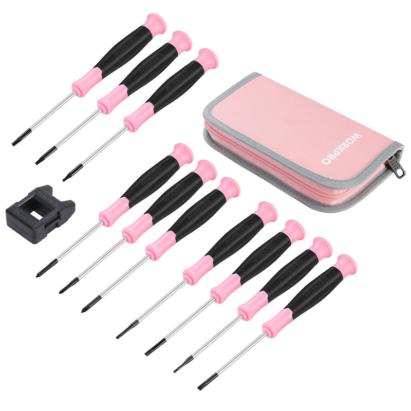 WORKPRO 10-Piece Precision Screwdriver Set with Pink Pouch, Phillips, Slotted, Torx Star, Magnetic Tip Small Screwdriver Repair Kit, for Eyeglass, Watch, Computer, Laptop and Phone - Pink Ribbon