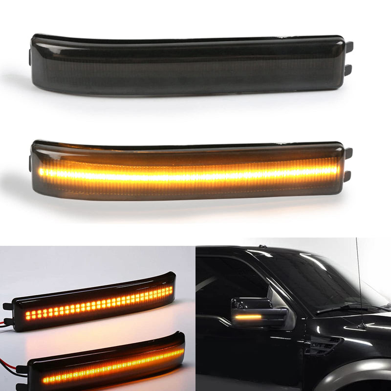  [AUSTRALIA] - 2x Smoked Lens Sequential Amber Full LED Side Mirror Marker Lights Compatible With 2009-2014 Ford F150, 2010-2014 SVT Raptor, Replace OEM Amber Bulb-Less Reflectors