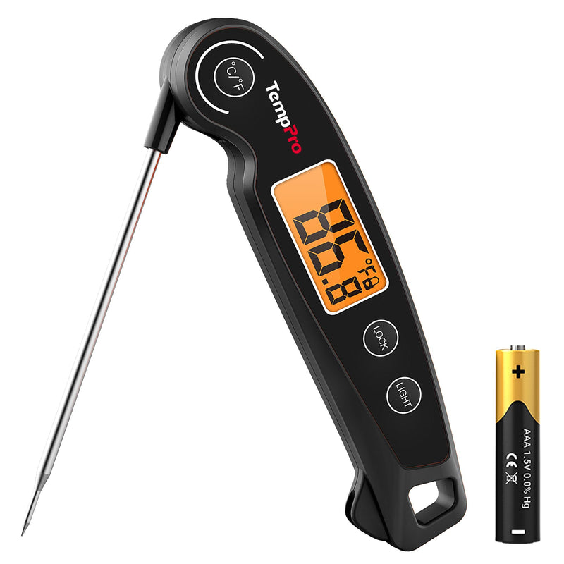 TempPro TP605 Instant Read Meat Thermometer for Cooking, Waterproof Digital Food Thermometer with Large Backlit LCD, Kitchen Thermometer for Grilling, Smoking & Candy Making (Previously ThermoPro) Black