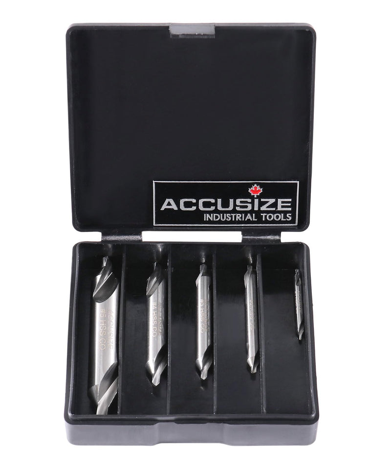 Accusize Industrial Tools 5pc ANSI M42 (H.S.S. + 8% Cobalt) Center Drill Set, 0556-5500 | ANSI M42 (HSS + 8% Cobalt), Plain Style, 60° Included Angle, Right Hand, Single Fluted, Plastic Case M42 8% Cobalt
