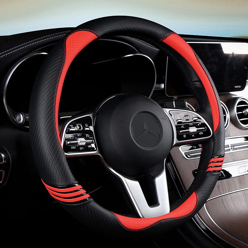 Iwantit® Premium Grip Steering Wheel Cover with Anti-Slip Rubber Ring, Made of Carbon Fiber & Breathable PU Leather, Universal Fit for 14.5-15 Inch Car and SUV (Passion Red) 003-Passion Red