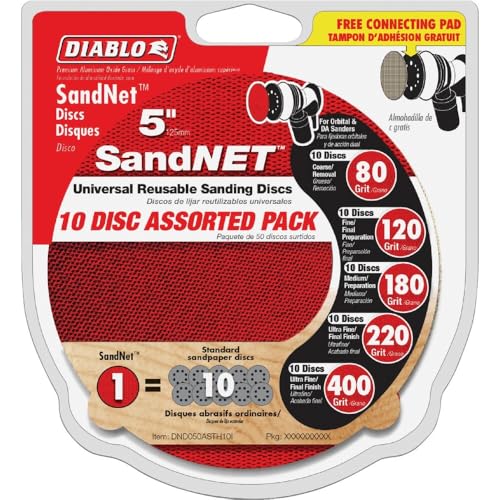 Freud Diablo SandNet Reusable Assorted Sanding Discs with Connection Pad for Wood, Metal and Plastics - 5", Multi-Grade Grit, Ceramic Blend, 10-Pack - DND050ASTH10I