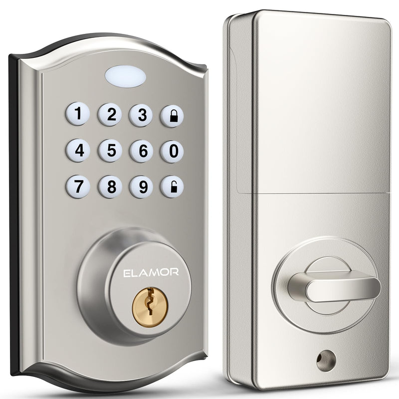 Keyless Entry Door Lock - Electronic Door Lock with Keypad, Smart Deadbolt Lock with Auto Lock, Security Waterproof Smart Lock, Easy to Install, Ideal for Front Door, Home Use, Apartment - ELAMOR M19 Sand Nickel