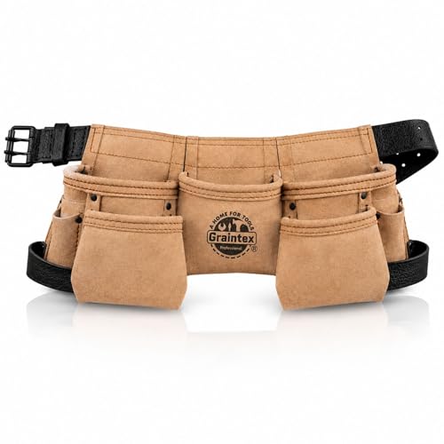 Graintex DS2243 :: 9 Pocket Children Tool Belt Beige Color Suede Leather, Kids Real Tool Belt, Boys and Girls Tool Apron for Home Improvement, 1.1/2" Leather Belt, Hammer Loops 9 Pockets