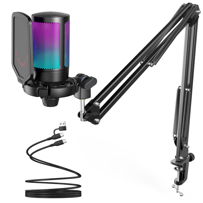 FIFINE Gaming PC USB Microphone, Podcast Condenser Mic with Boom Arm, Pop Filter, Mute Button for Streaming, Twitch, Online Chat, RGB Computer Mic for PS4/5 PC Gamer Youtuber-AmpliGame A6T Black