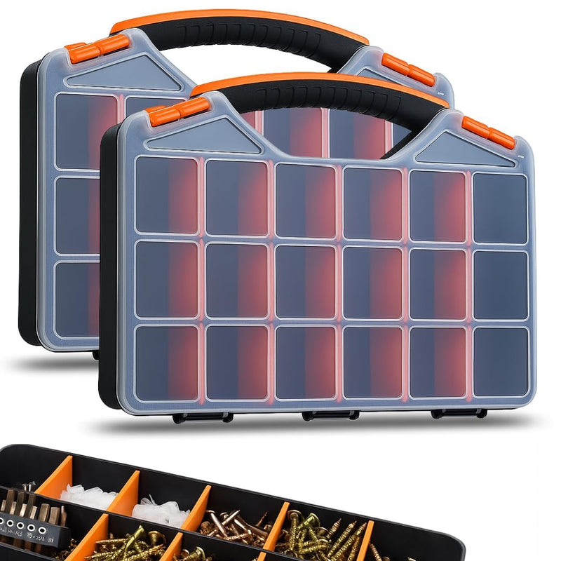 Andalus Tools Organizer Box, Small Parts Storage 18-Compartment Portable Hardware Organizer Removable Plastic Dividers for Screws, Nuts, Bolts, Nails – Orange (2 Pack, 12.75" x 10" x 1.75") 2 Pack (12.75 x 10 x 1.75 Inches)