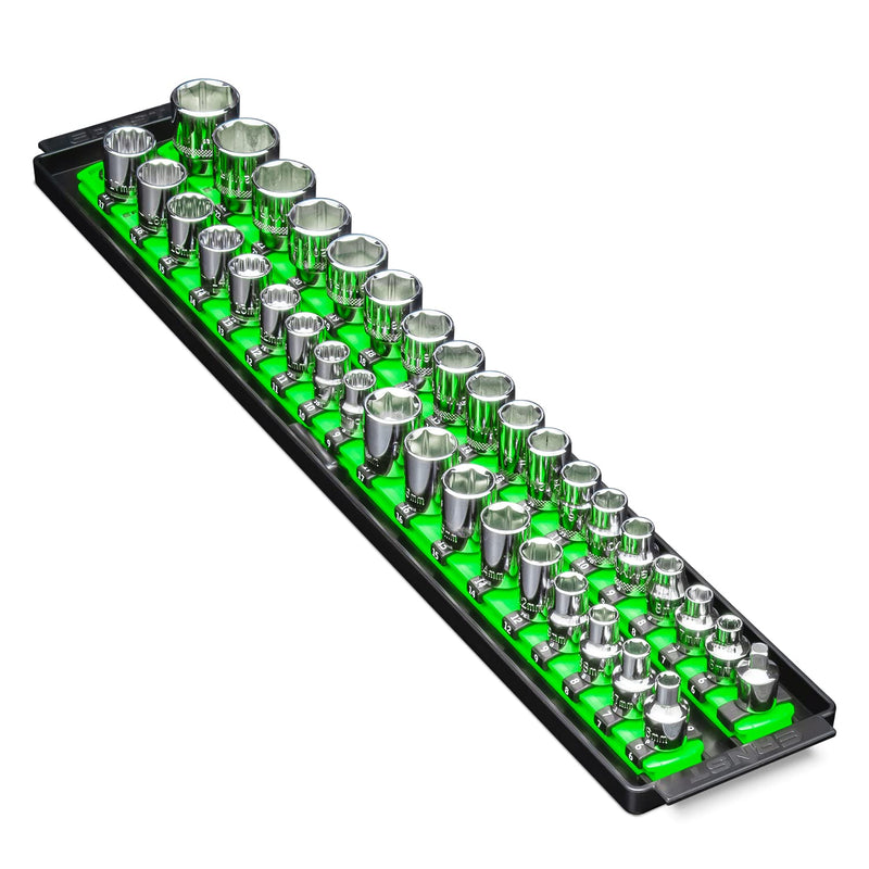 Ernst Manufacturing 8485 Socket Boss, Premium 2-Rail, 3/8 Inch-Drive Socket Organizer, 18-Inch, Green 19-INCH 3/8"