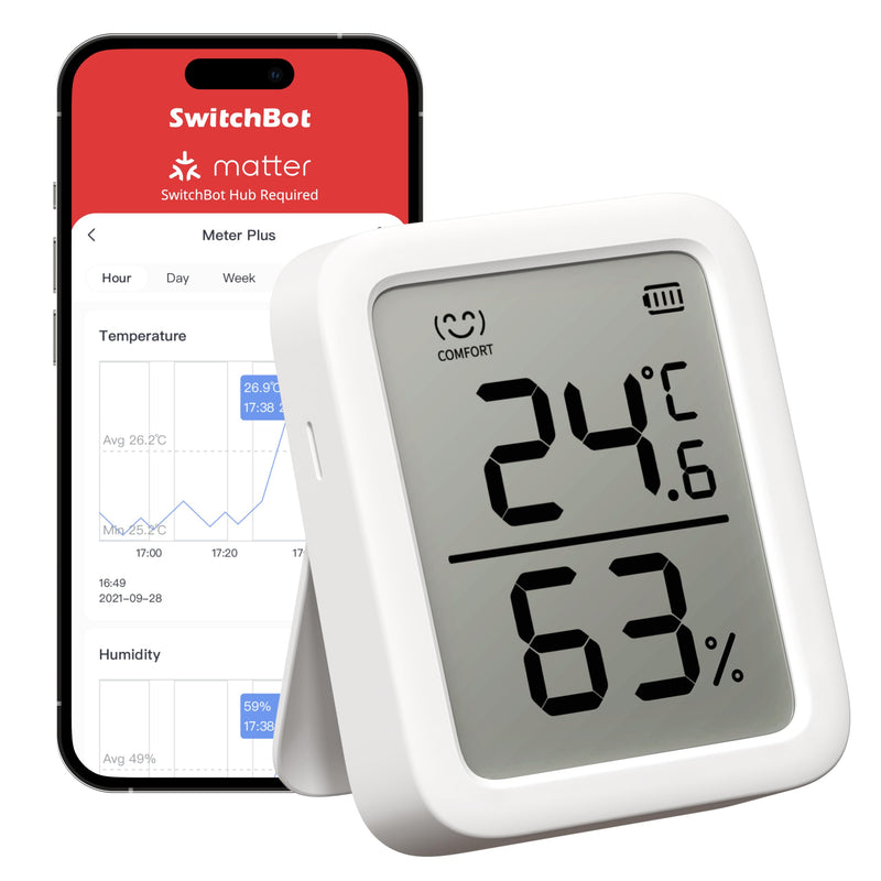 SwitchBot Thermometer Hygrometer, Bluetooth Indoor Humidity Meter for Home, Temperature Sensor with App Control, Large LCD Display, Notification Alerts, 2-Year Data Storage Export SwitchBot Meter Plus 1 pack, white