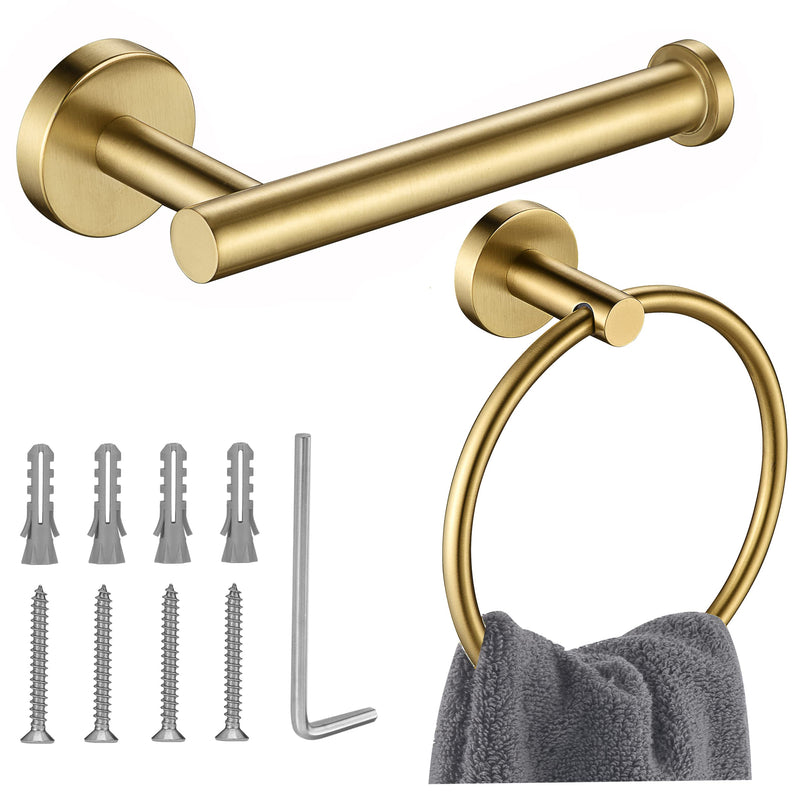 Gold Toilet Paper Holder, Towel Ring Set 2 Pieces Hand Towel Holder for Bathroom Hardware Accessories Set SUS304 Stainless Steel Sturdy Wall Mount Bathroom Holder… Brushed Gold