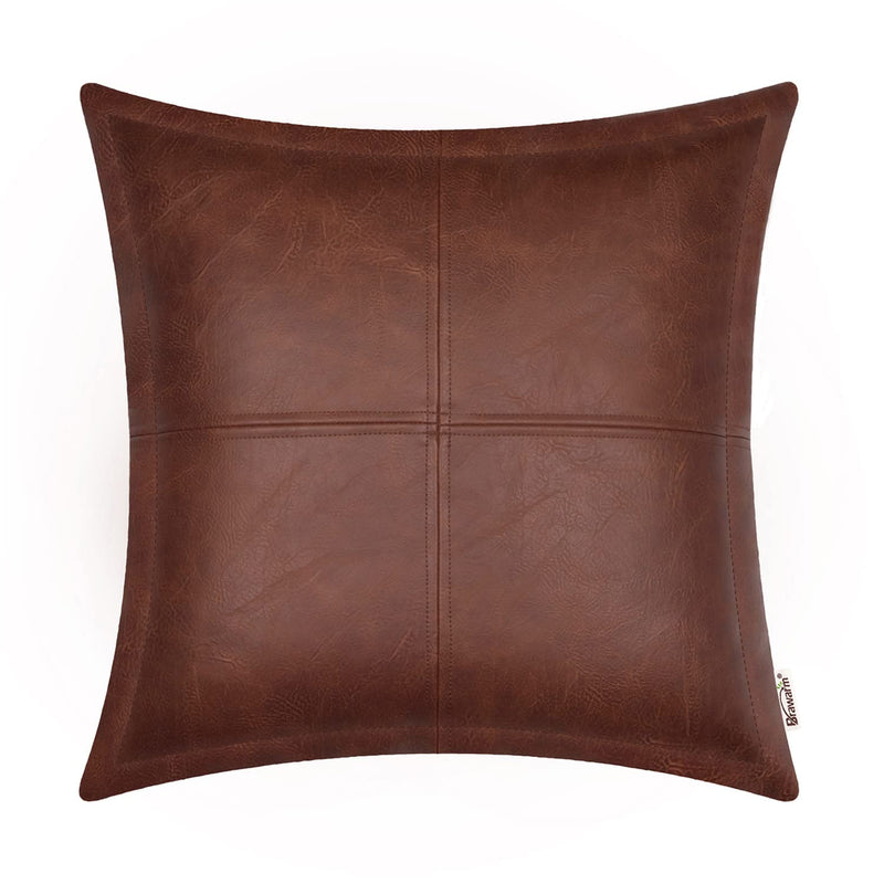 BRAWARM Dark Brown Leather Throw Pillow 20 X 20 Inches, Faux Leather Pillow Cover with Piping, Hand Stitched Leather Decorative Throw Pillow Covers for Couch Sofa Bed Living Room Garden 20" x 20" (Pack of 1) Dark Brown-piping