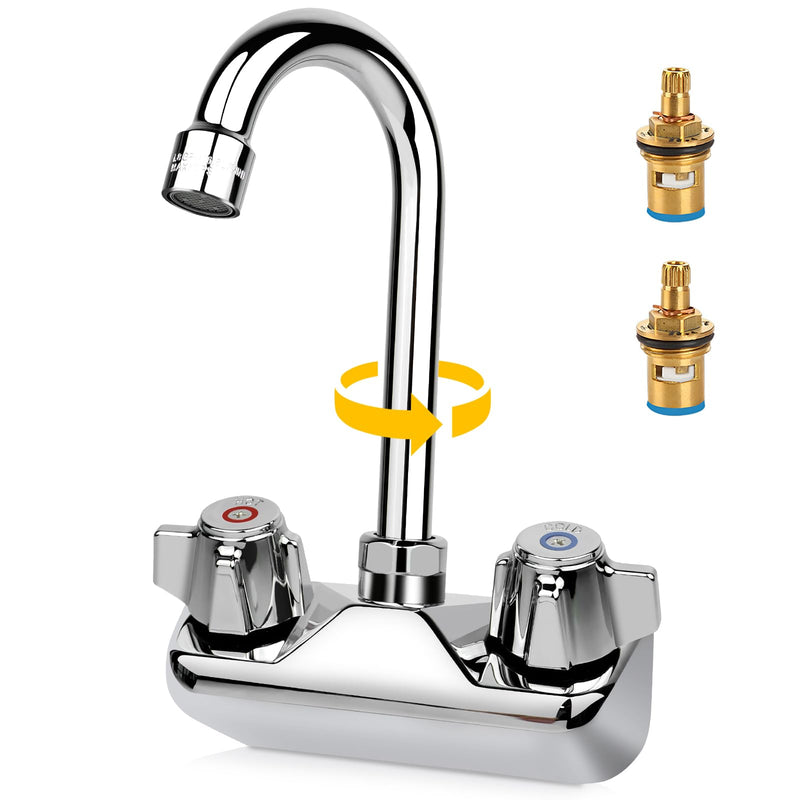 Leak-Free Commercial Hand Sink Faucet with Ceramic Valve, 4 Inch Center Wall Mount Kitchen Faucet with 3-1/2" Swivel Gooseneck Spout & Dual Knobs for Bar Restaurant Laundry, Brass Constructed