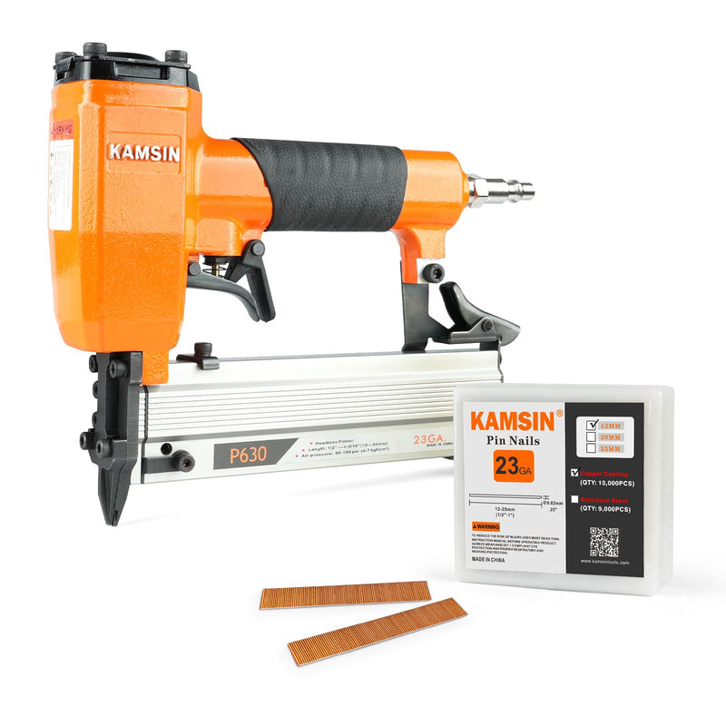 P630 23 Gauge Pneumatic Pin Nailer with 10,000PCS 1/2" Pin Nails | 1/2" to 1-3/16"(12-30mm) Leg Length, Micro Pinner with Safety, Air Headless Pin Nail Gun for Furniture, Cabinets P630