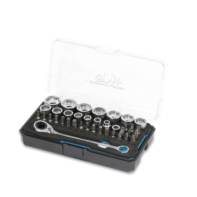 HB Pass Thru Low Profile 120-Tooth Reversible Ratchet wrench, Non-slip socket, for Rounded/Standard bolts, TORX Bits with portable case EVA tray 39-piece Socket set, Made in Taiwan AGM025-U 39PC 1/4" DR. Low Profile (120T)